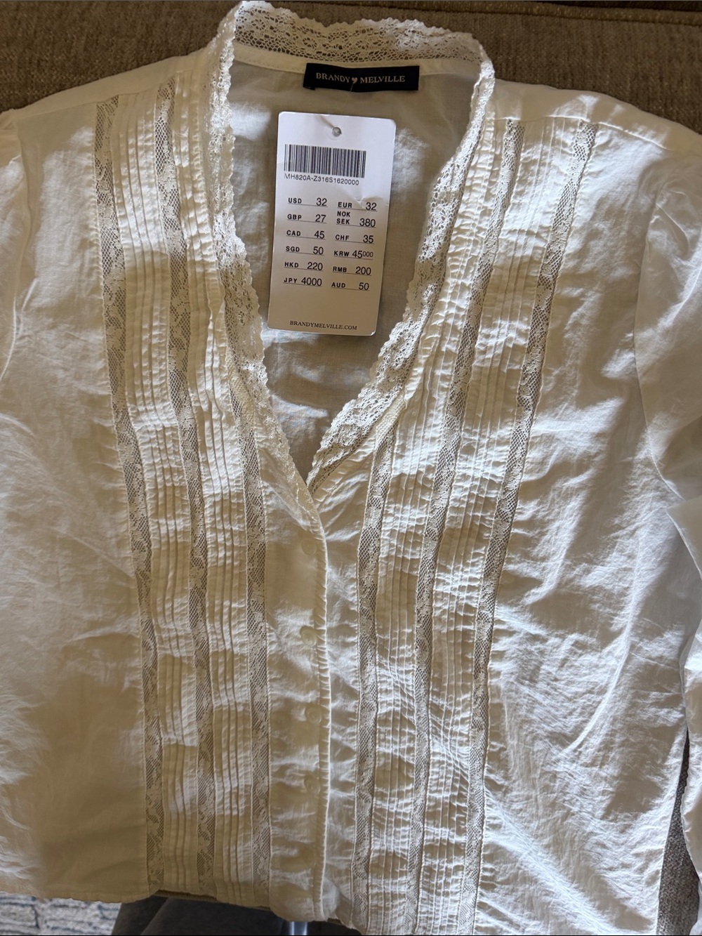 Brandy Melville Rafaela Lace Top White Lace-Trim Pintuck Blouse Size XS/S